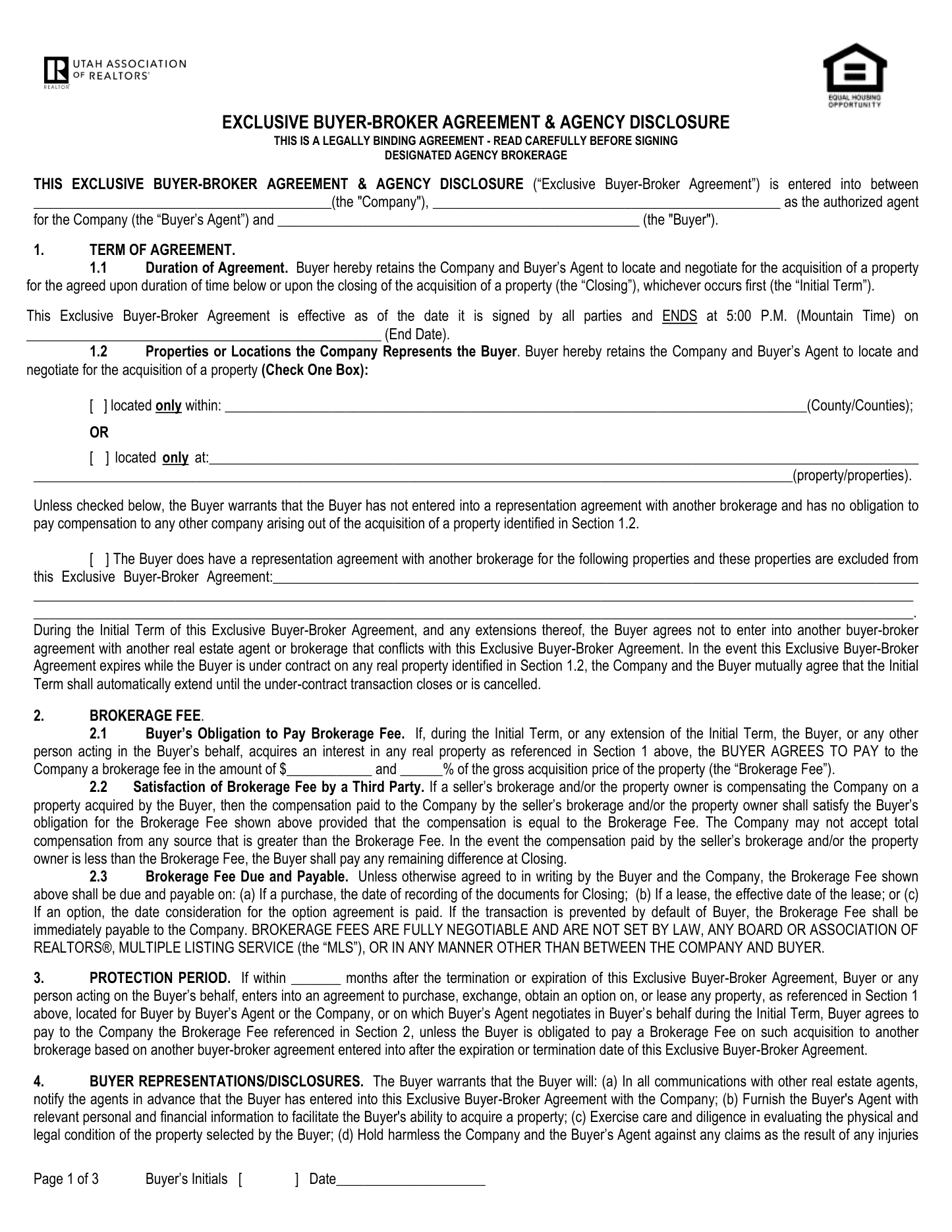Exclusive Buyer-Broker Agreement & Agency Disclosure, UAR Form 6, page 1 of 3, blank