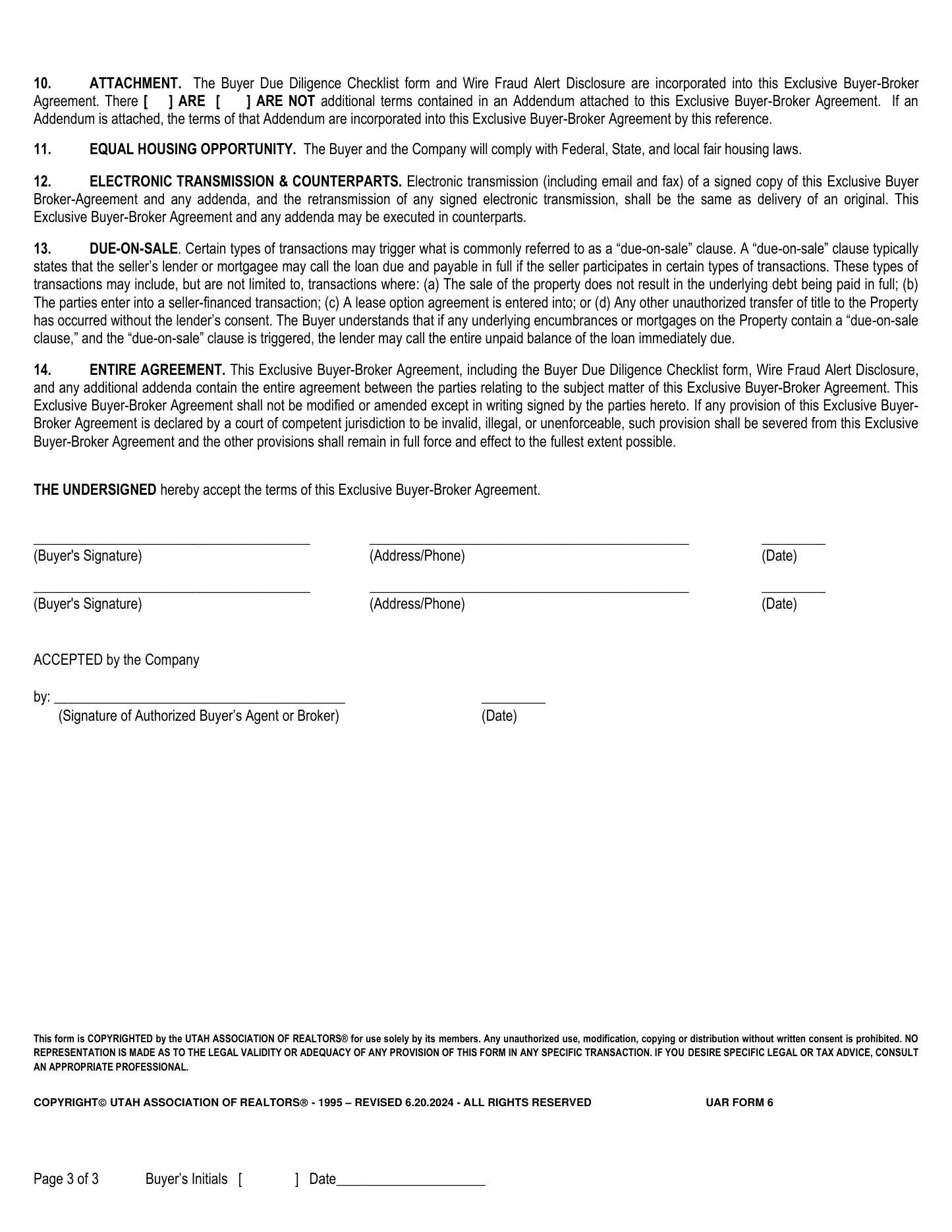Exclusive Buyer-Broker Agreement & Agency Disclosure, UAR Form 6, page 3 of 3, blank